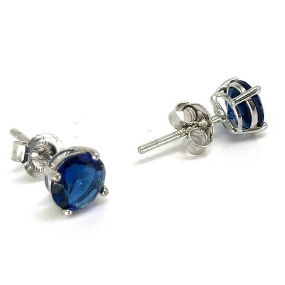 Sterling Silver 6 mm Cubic Zirconia Stud Earrings Blue Sapphire - Picture 3 of 4